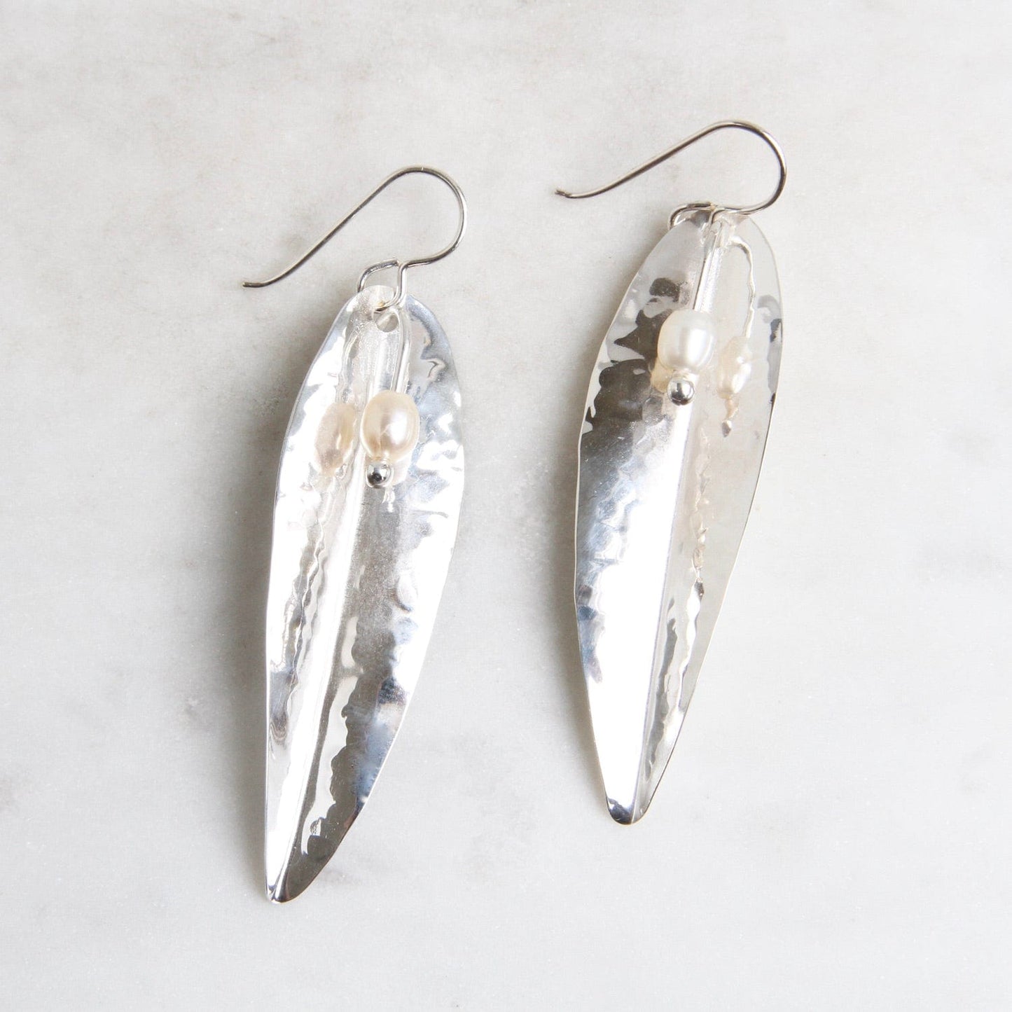 EAR Sterling Silver Long Leaf with Freshwater Pearl Earring