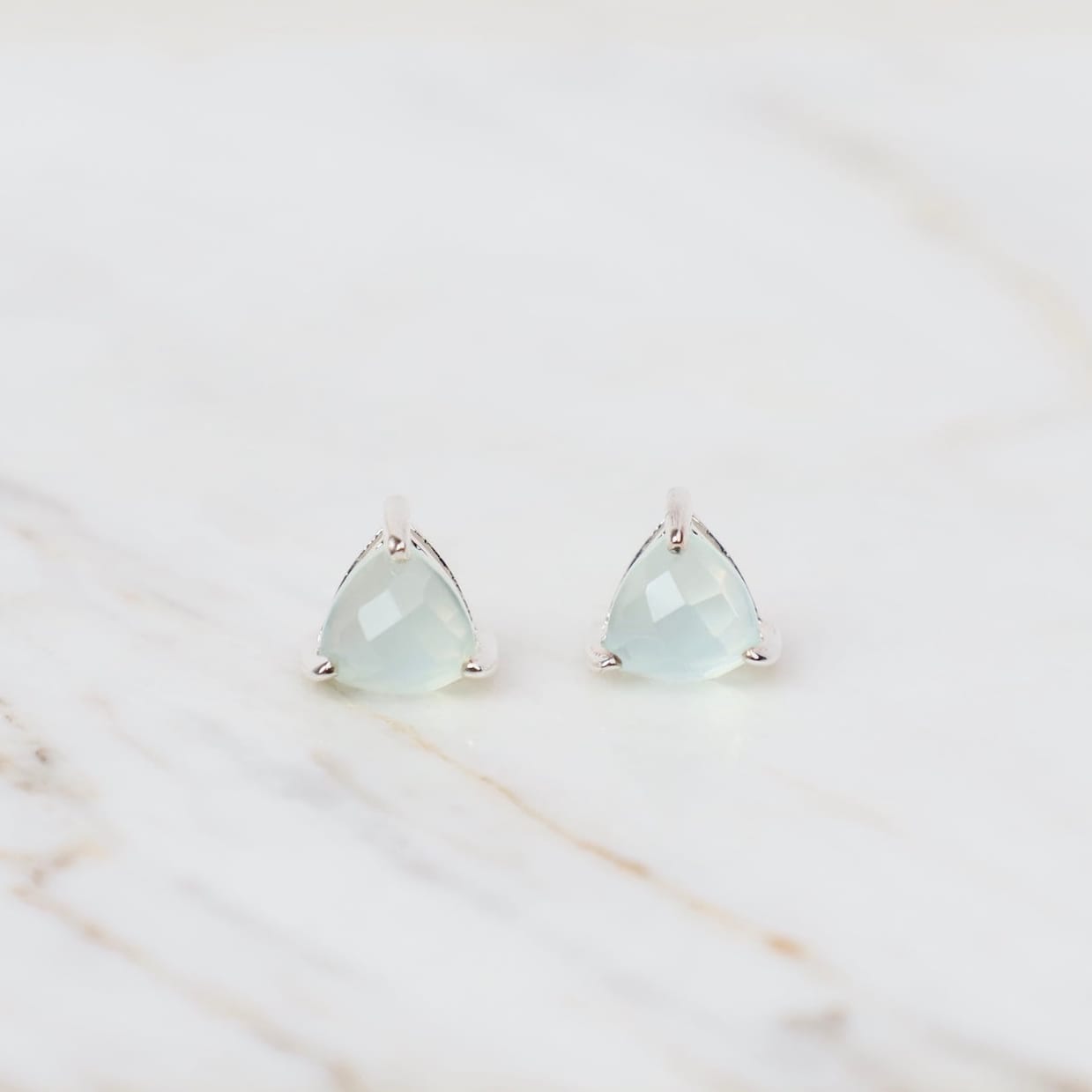EAR Sterling Silver Prong Set Rose Cut Trillion Aqua Chalcedony Post Earrings