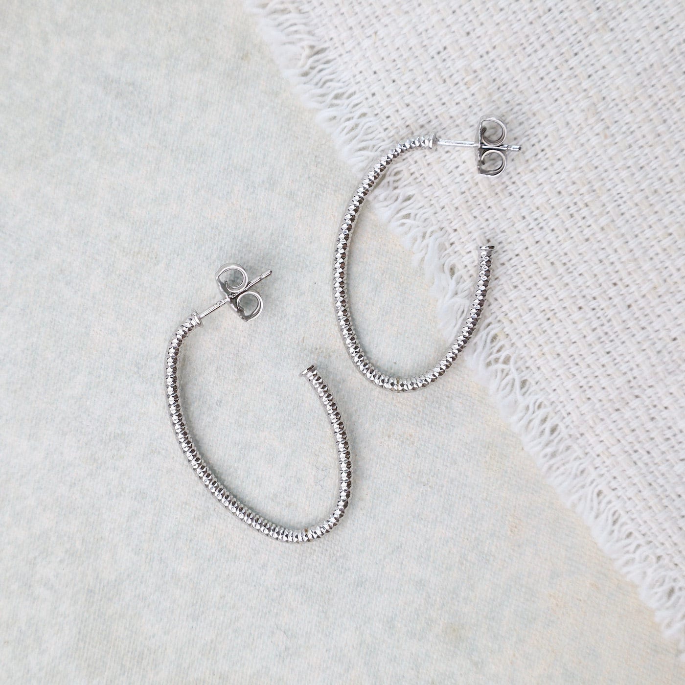 EAR Sterling Silver Small Oval  Sparkle Hoop Earrings