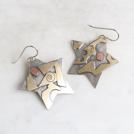 EAR Sterling Silver Stars with Abstract Brass & Copper Earring