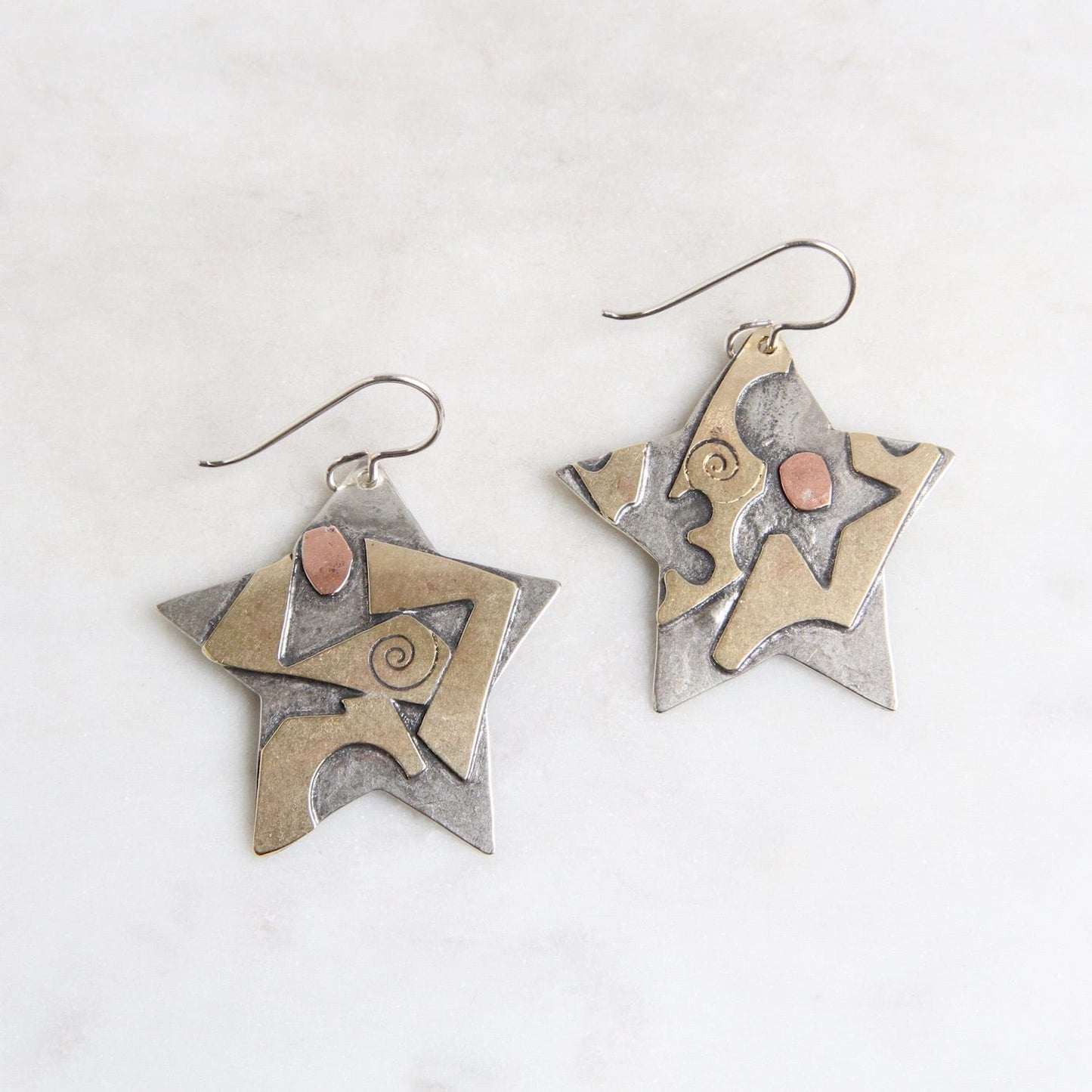 EAR Sterling Silver Stars with Abstract Brass & Copper Earring