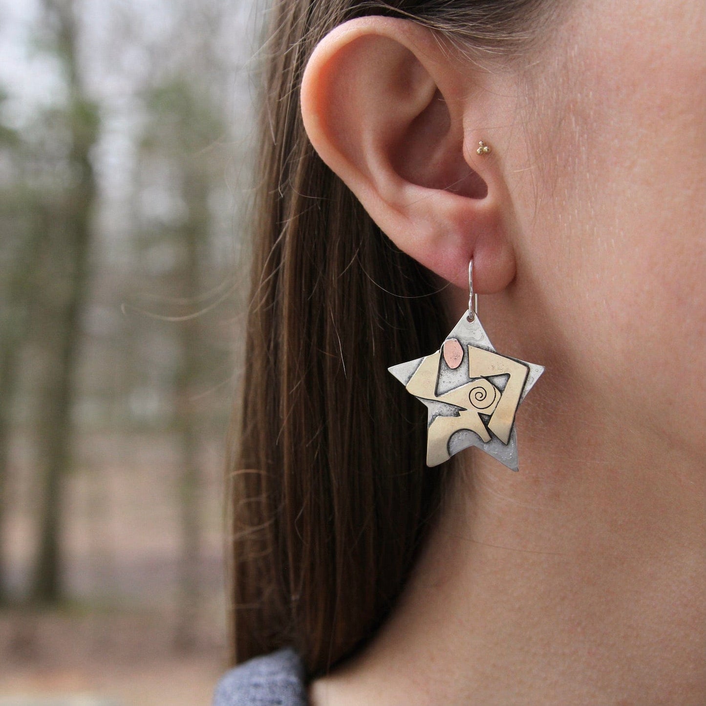 EAR Sterling Silver Stars with Abstract Brass & Copper Earring