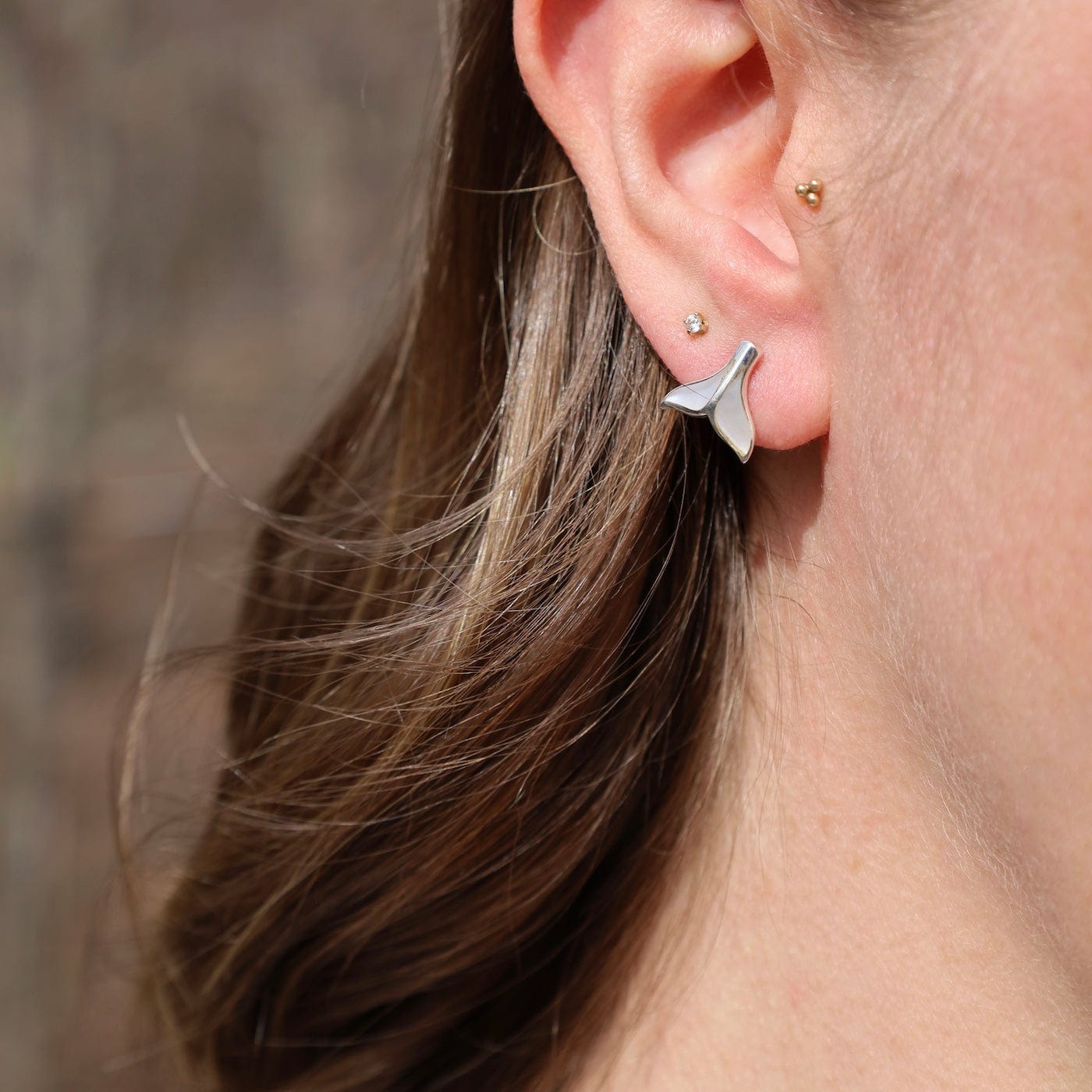 EAR Sterling Silver Tiny Mother of Pearl Whale Tail Post Earrings