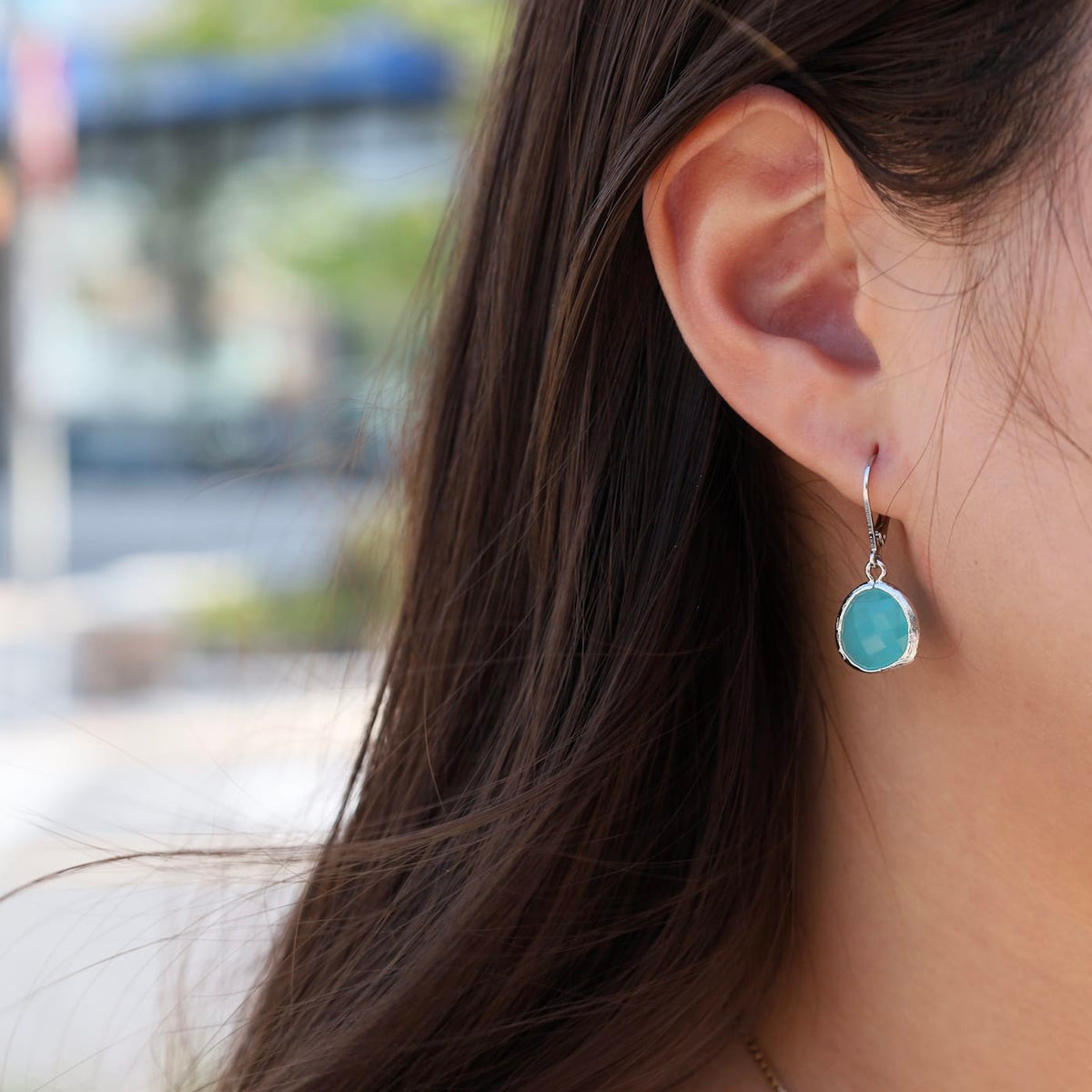 EAR Sterling Silver Turquoise Crystal Lever Back Earring