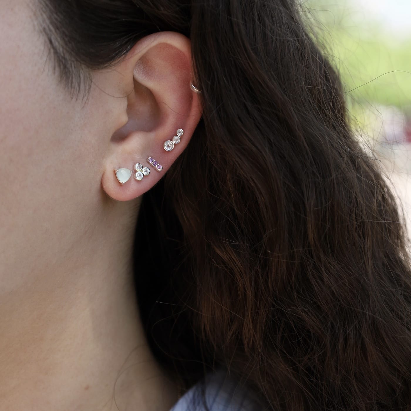 EAR Sterling Silver White Topaz Triple Cluster Bezel Stud Earrings