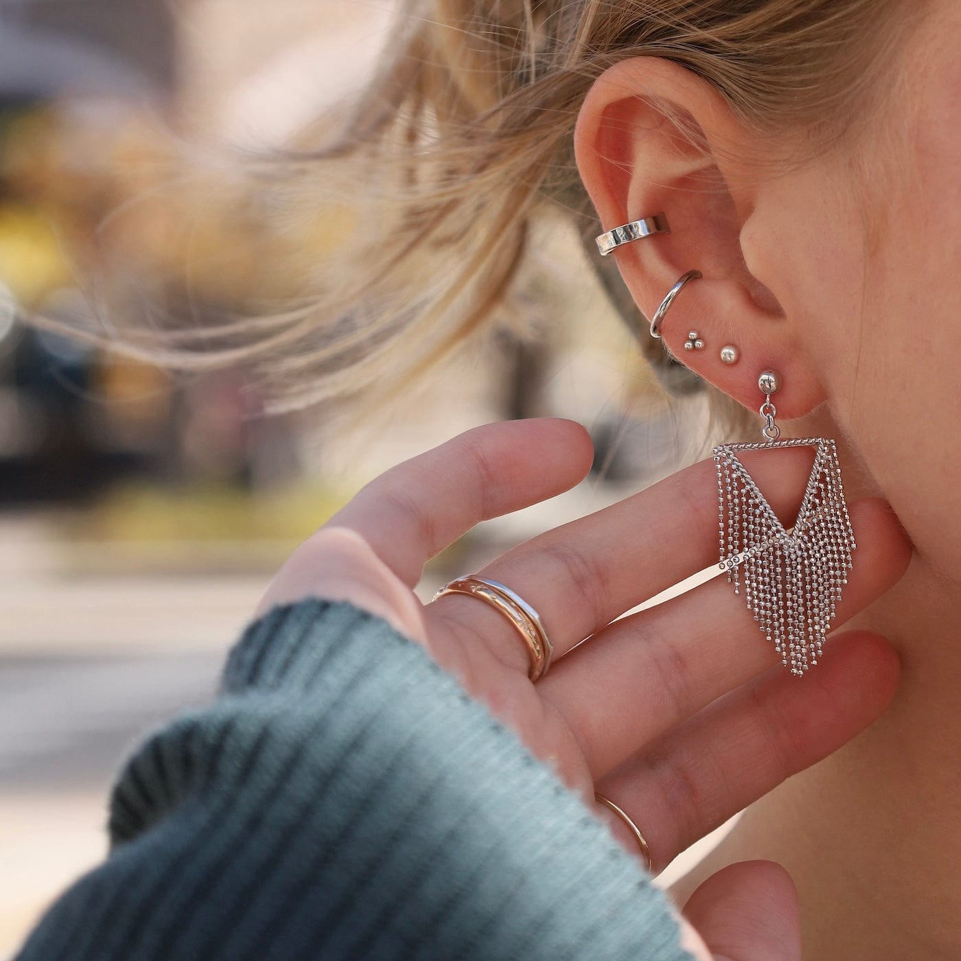 EAR Sterling Silver Woven Fringed Triangle Earrings