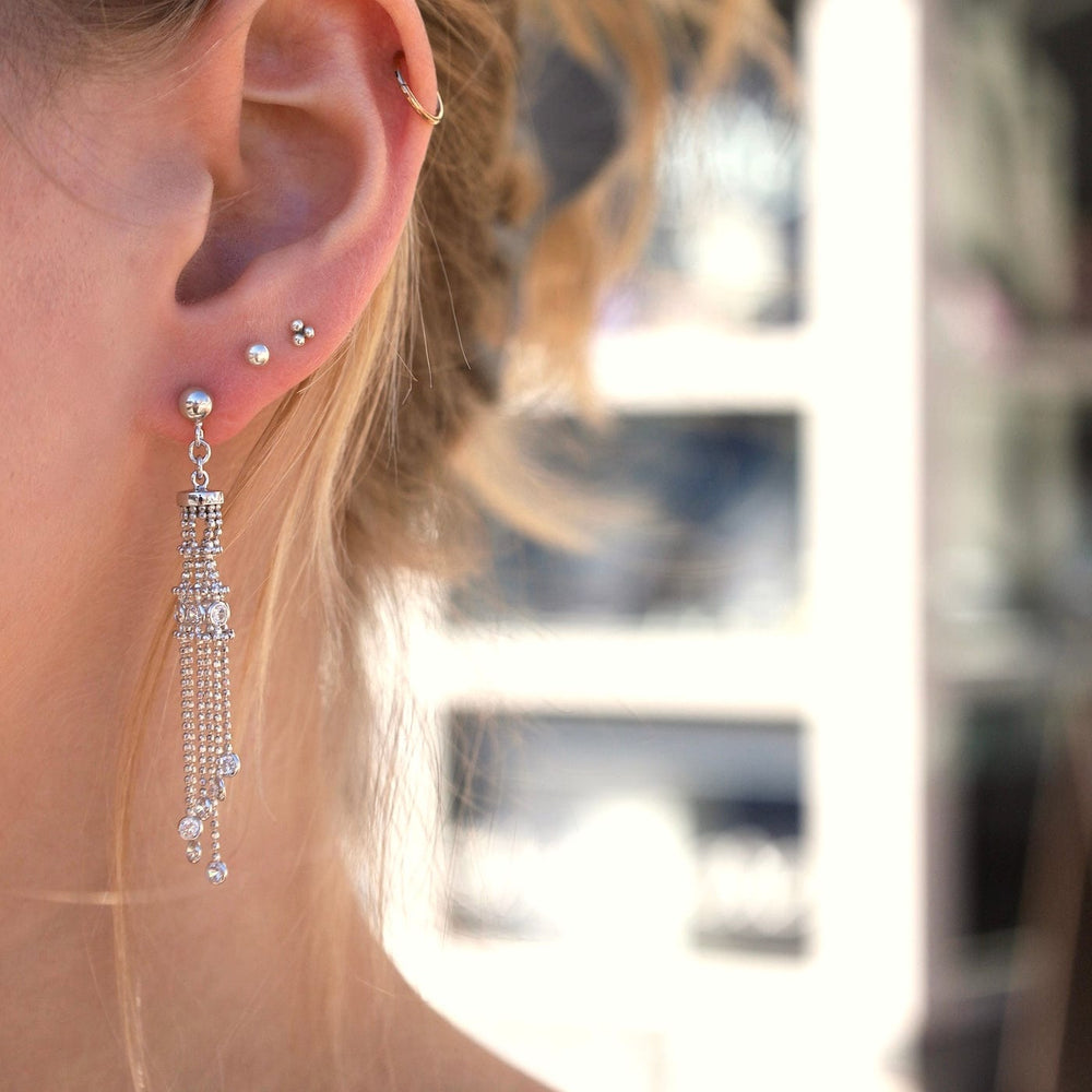 EAR Sterling Silver Woven Lace Long Lantern CZ Earrings