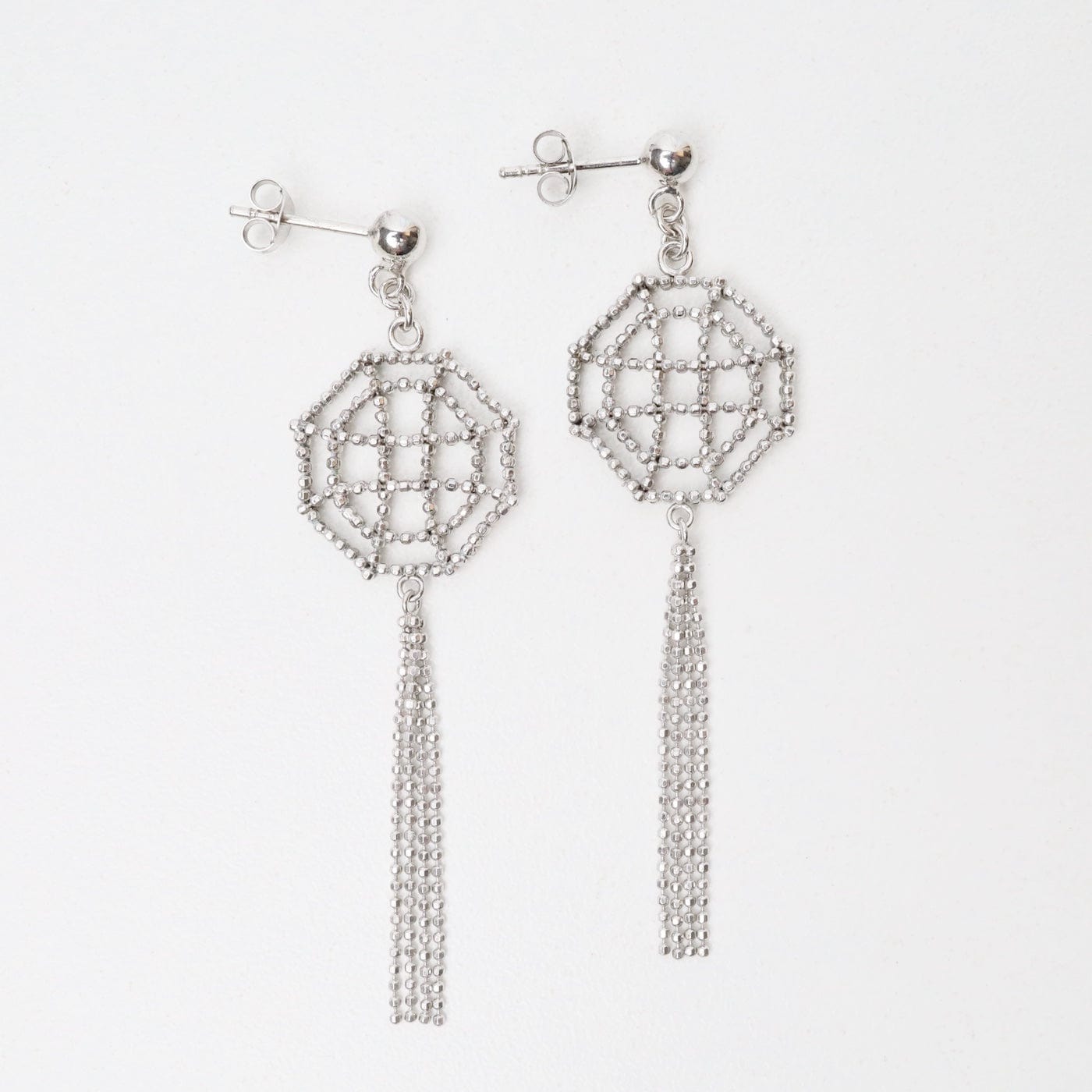 EAR Sterling Silver Woven Open Octagon Window Fringe Earrings