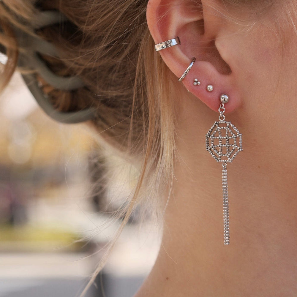 EAR Sterling Silver Woven Open Octagon Window Fringe Earrings