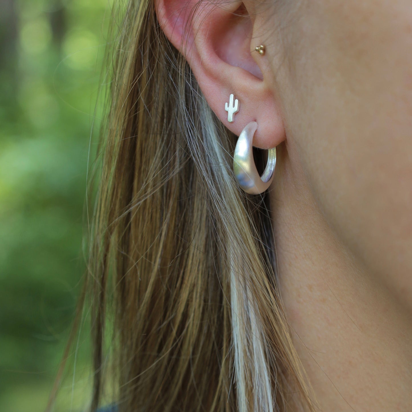 EAR Tapered Dome Hoop on Post - Brushed Sterling Silver