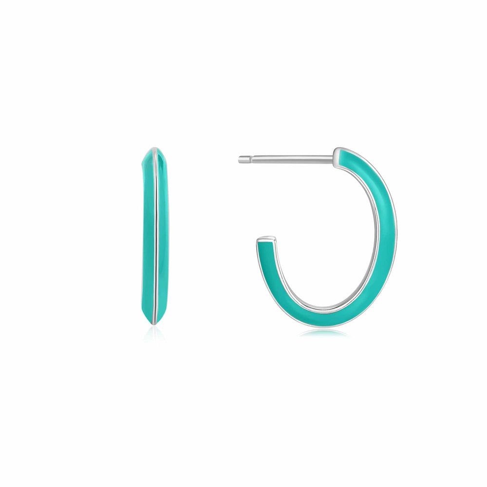 EAR Teal Enamel Thick Silver Hoop Earrings