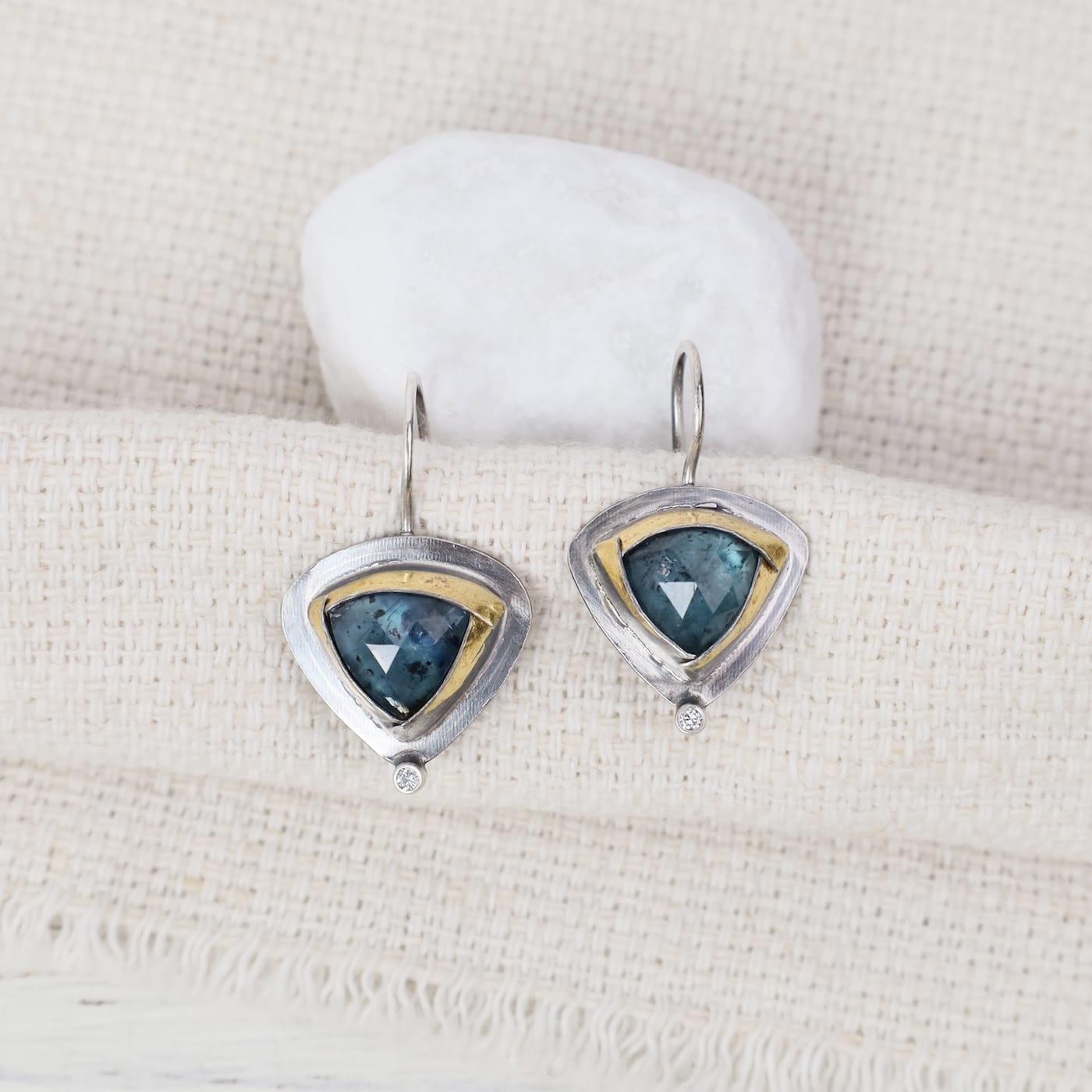 EAR Teal Kyanite & Diamond Petite Tri Fold Drop Earrings