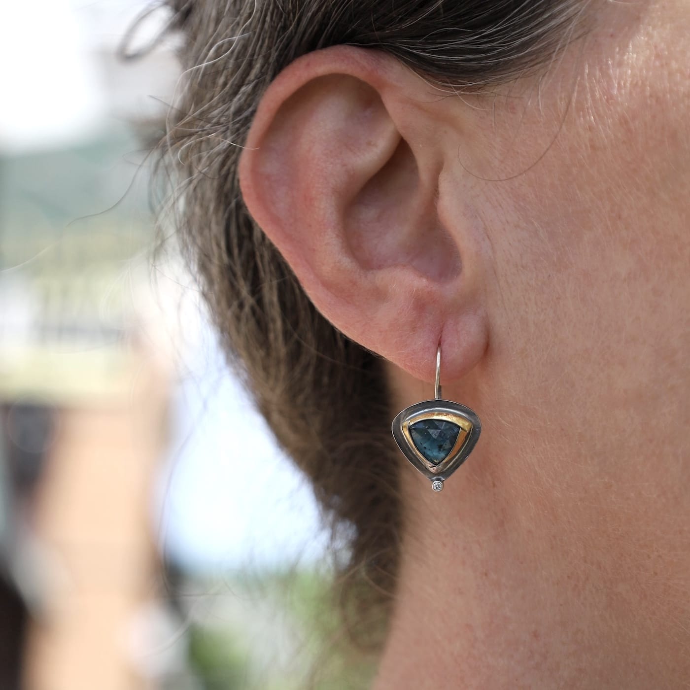 EAR Teal Kyanite & Diamond Petite Tri Fold Drop Earrings
