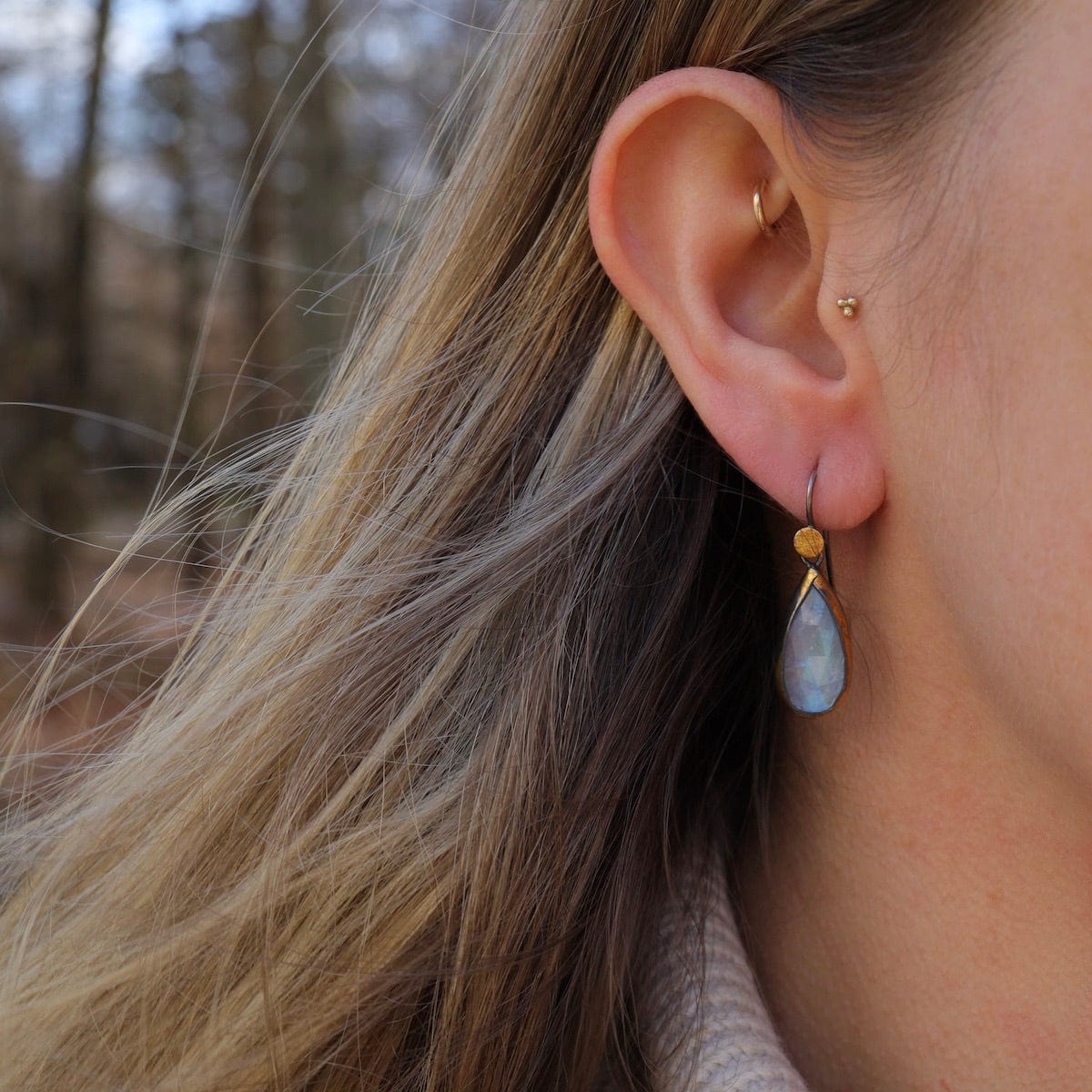 EAR Teardrop Fold Earrings with Rainbow Moonstone