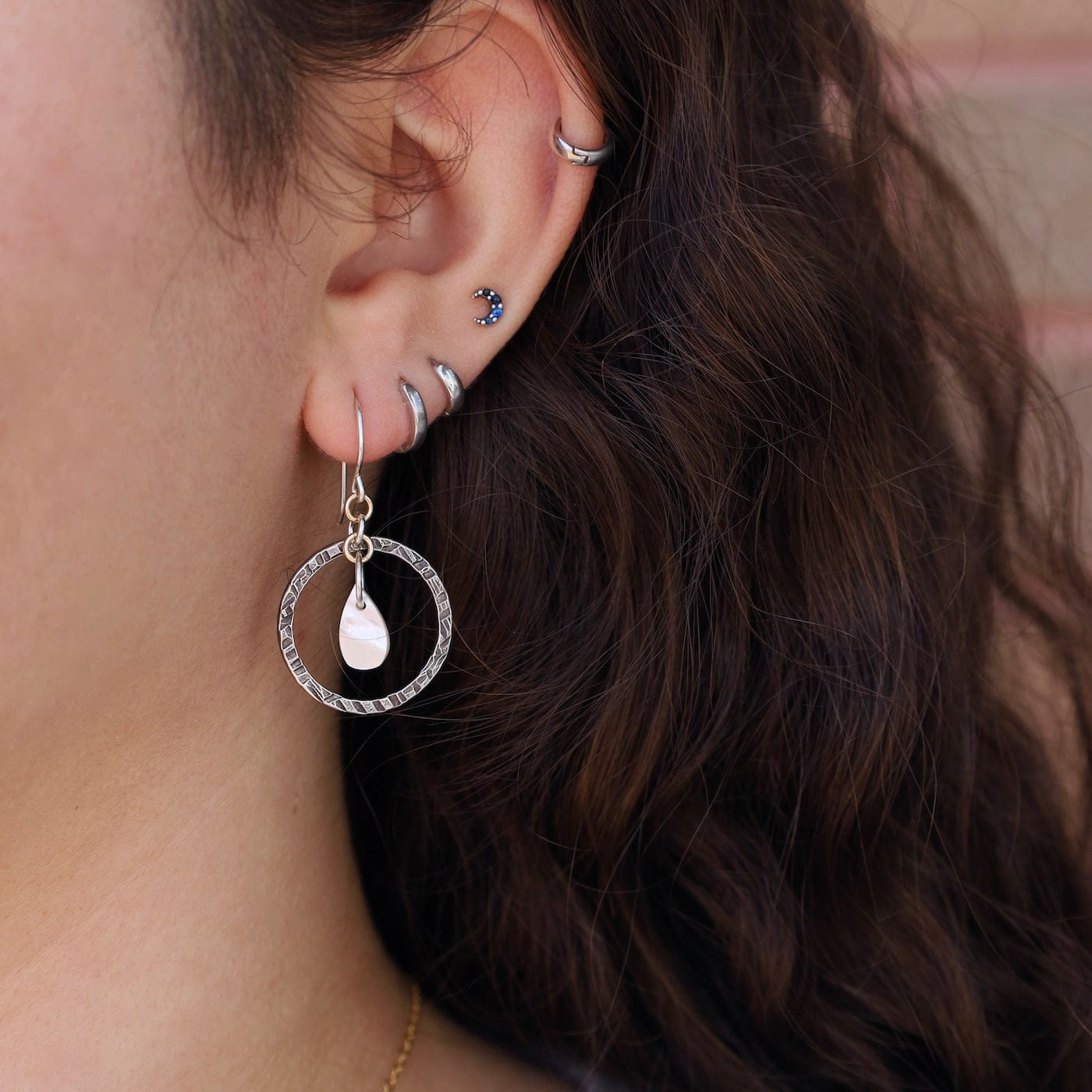 EAR Textured Oxidized Circle with Mother of Pearl Earrings
