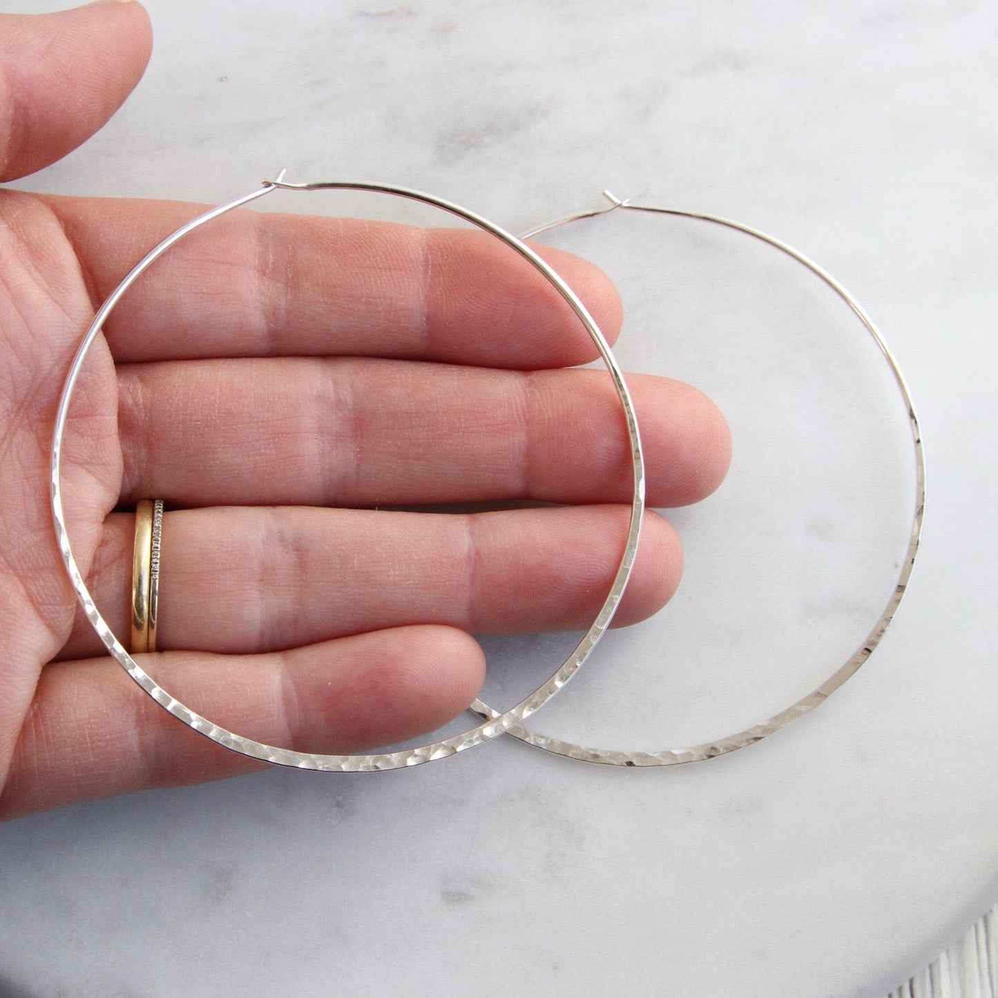 EAR Thin 70mm Sterling Silver Hammered Hoop