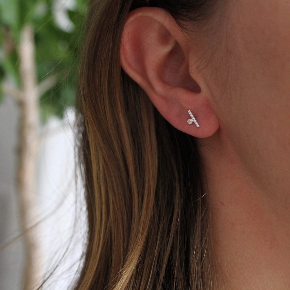 EAR Tiny Bar With Side CZ Stud - Sterling Silver