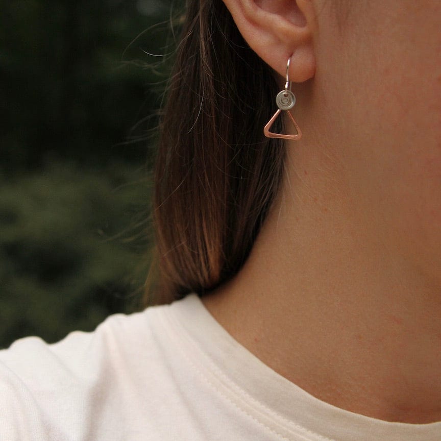 EAR Tiny Copper Triangles With Sterling Silver Dot Earring