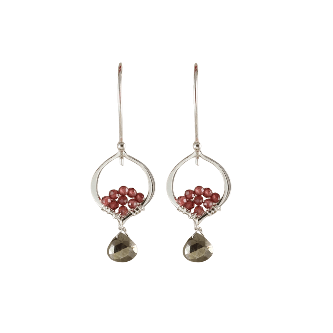 EAR Tiny Silver Garnet Pyrite Arabesque Earring