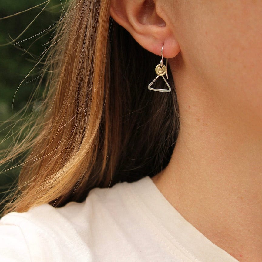 EAR Tiny Sterling Silver Triangles With Brass Dot Earring