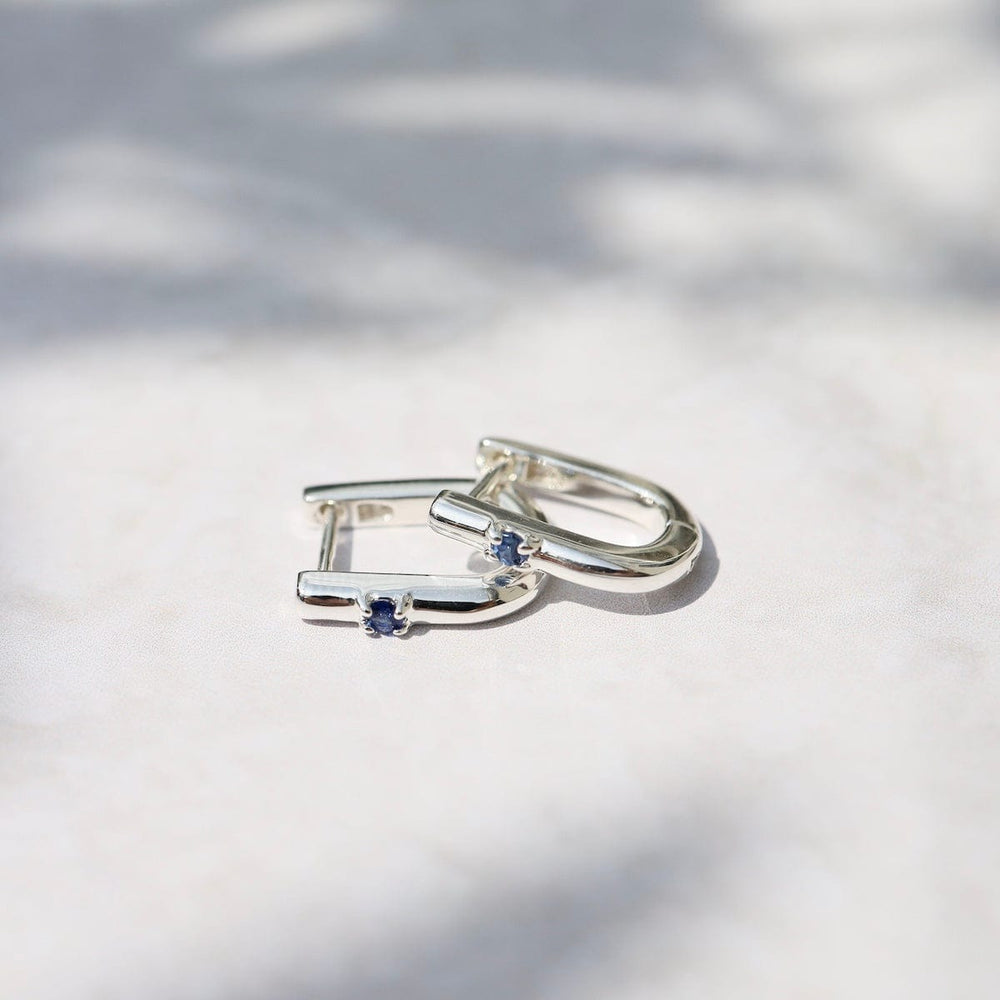 EAR U Shaped Huggie Hoops with Blue Sapphire in Sterling Silver