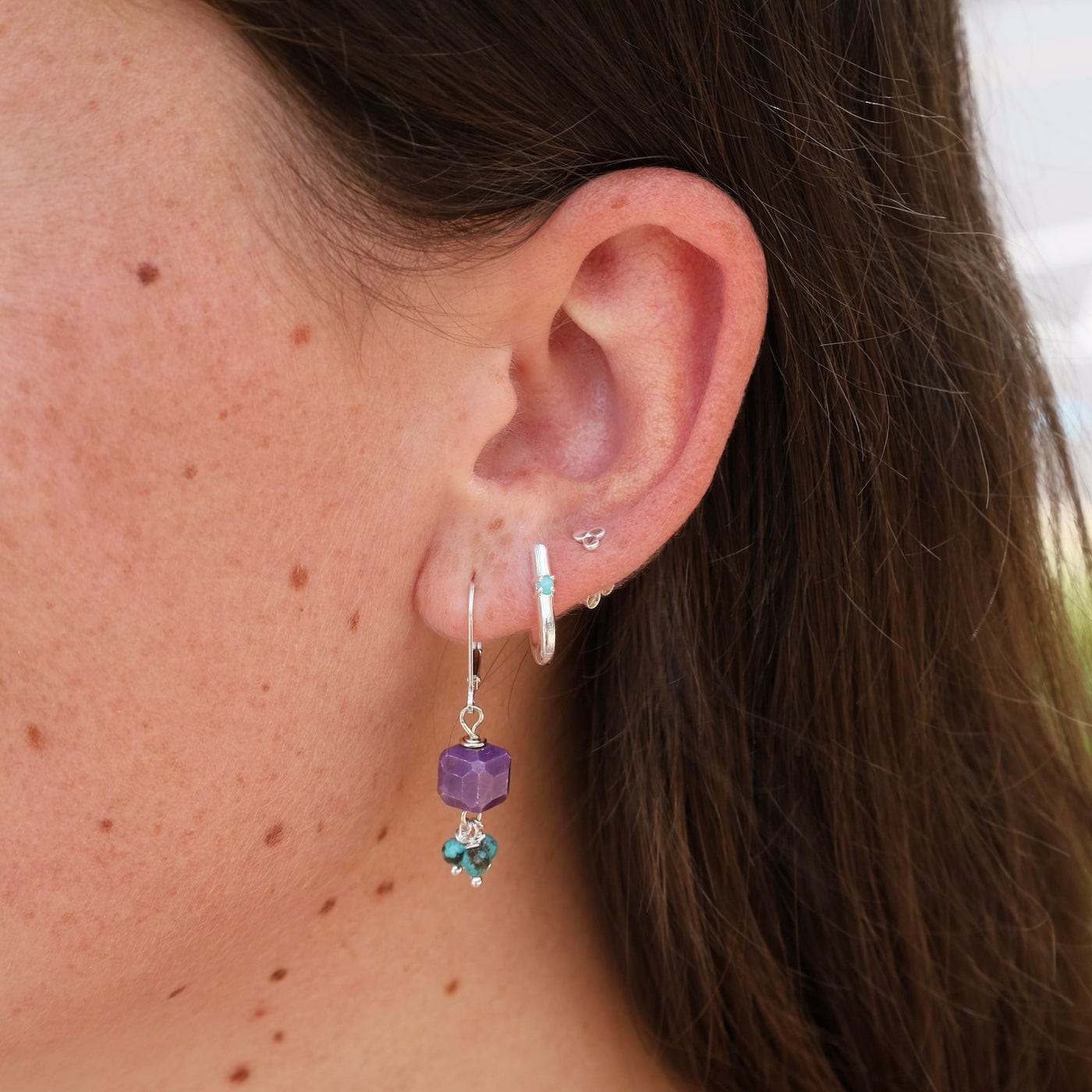 EAR U Shaped Huggie Hoops with Turquoise - Sterling Silver