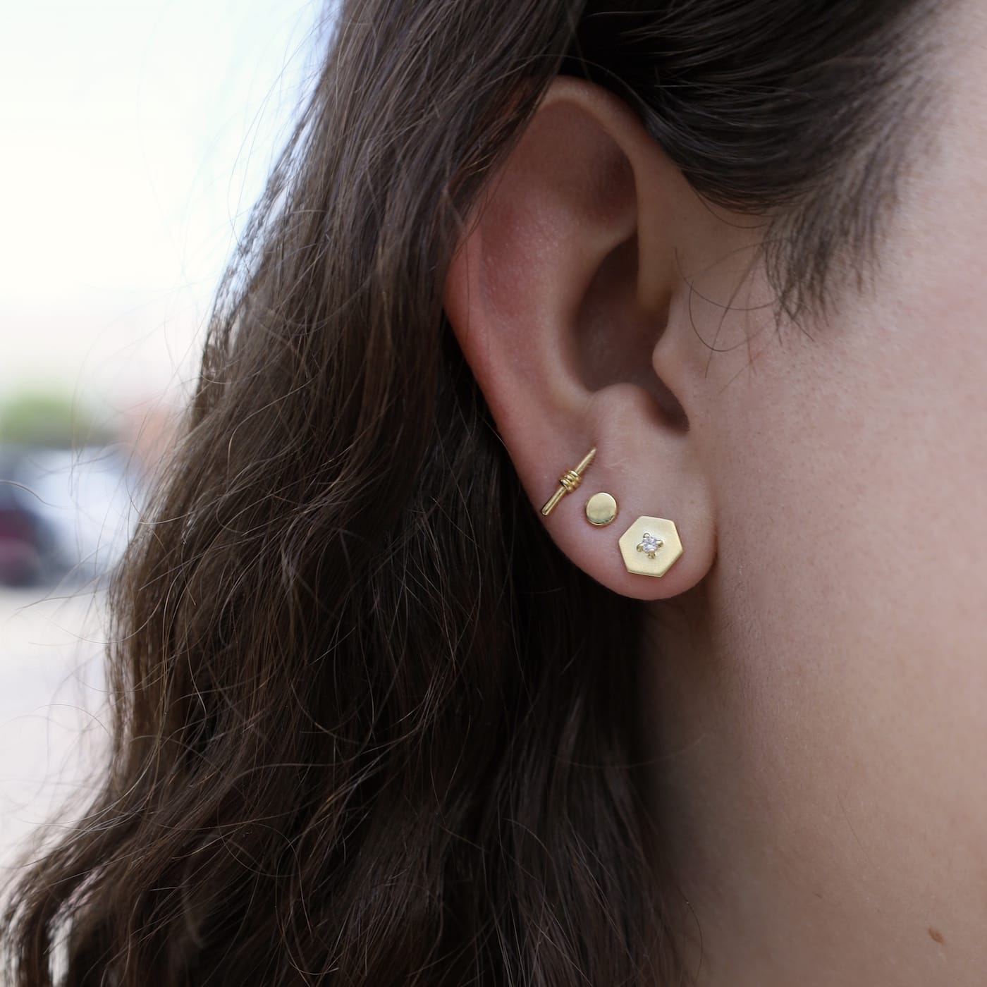 EAR-VRM 14k Gold Vermeil Brushed Hexagon with CZ Earrings