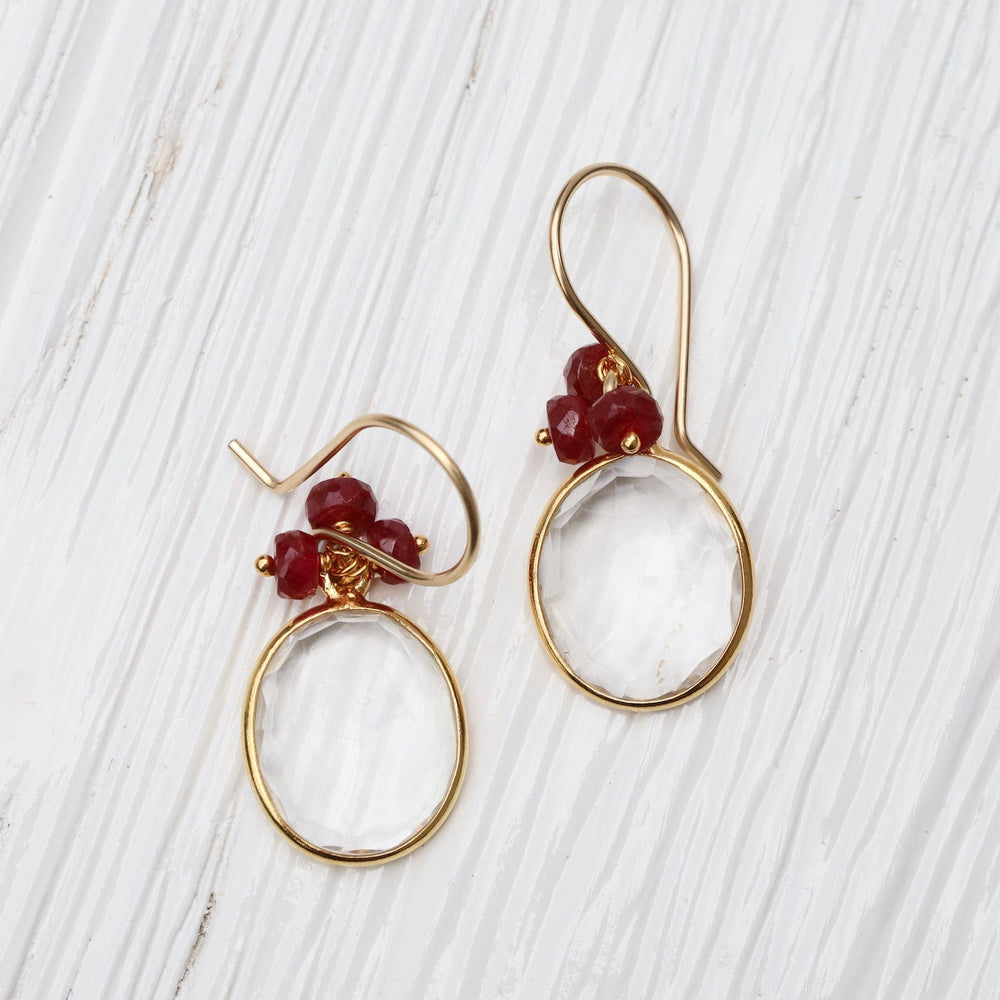 EAR-VRM Bezel-Set Clear Quartz Drop Earrings with Ruby