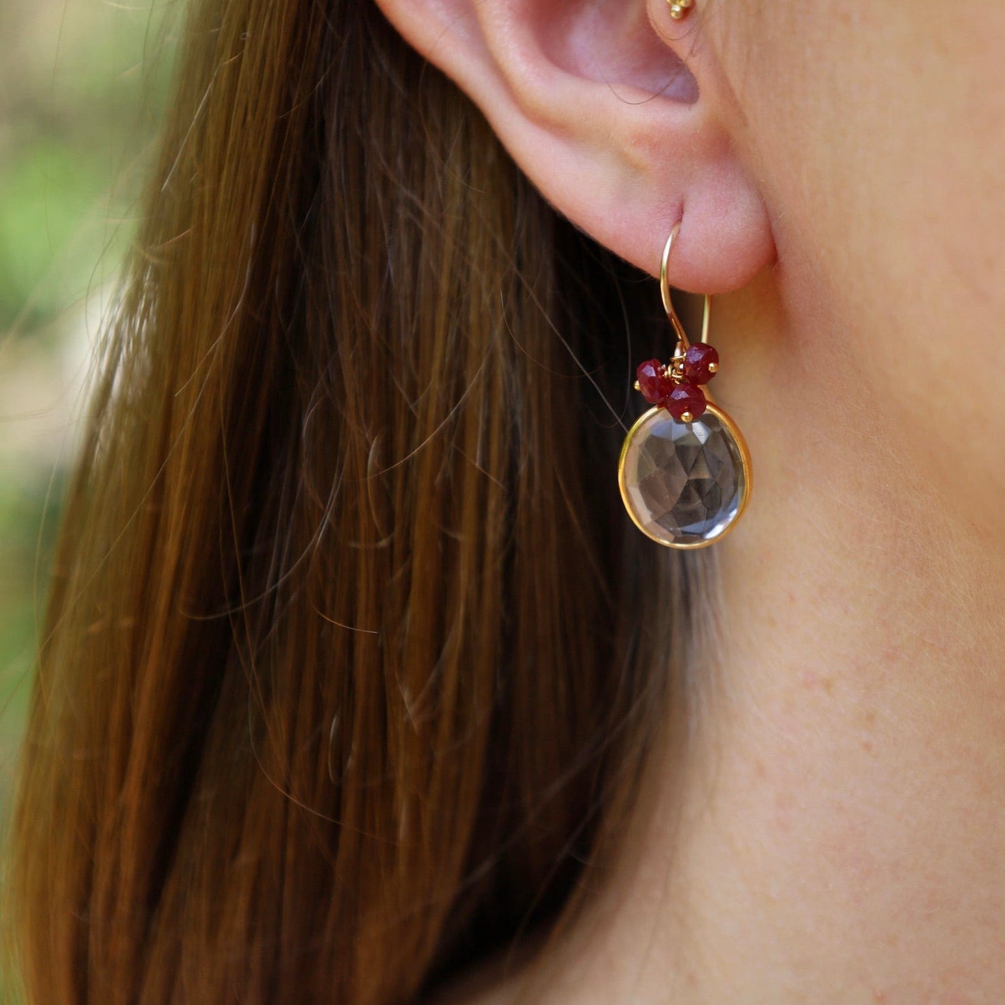 EAR-VRM Bezel-Set Clear Quartz Drop Earrings with Ruby