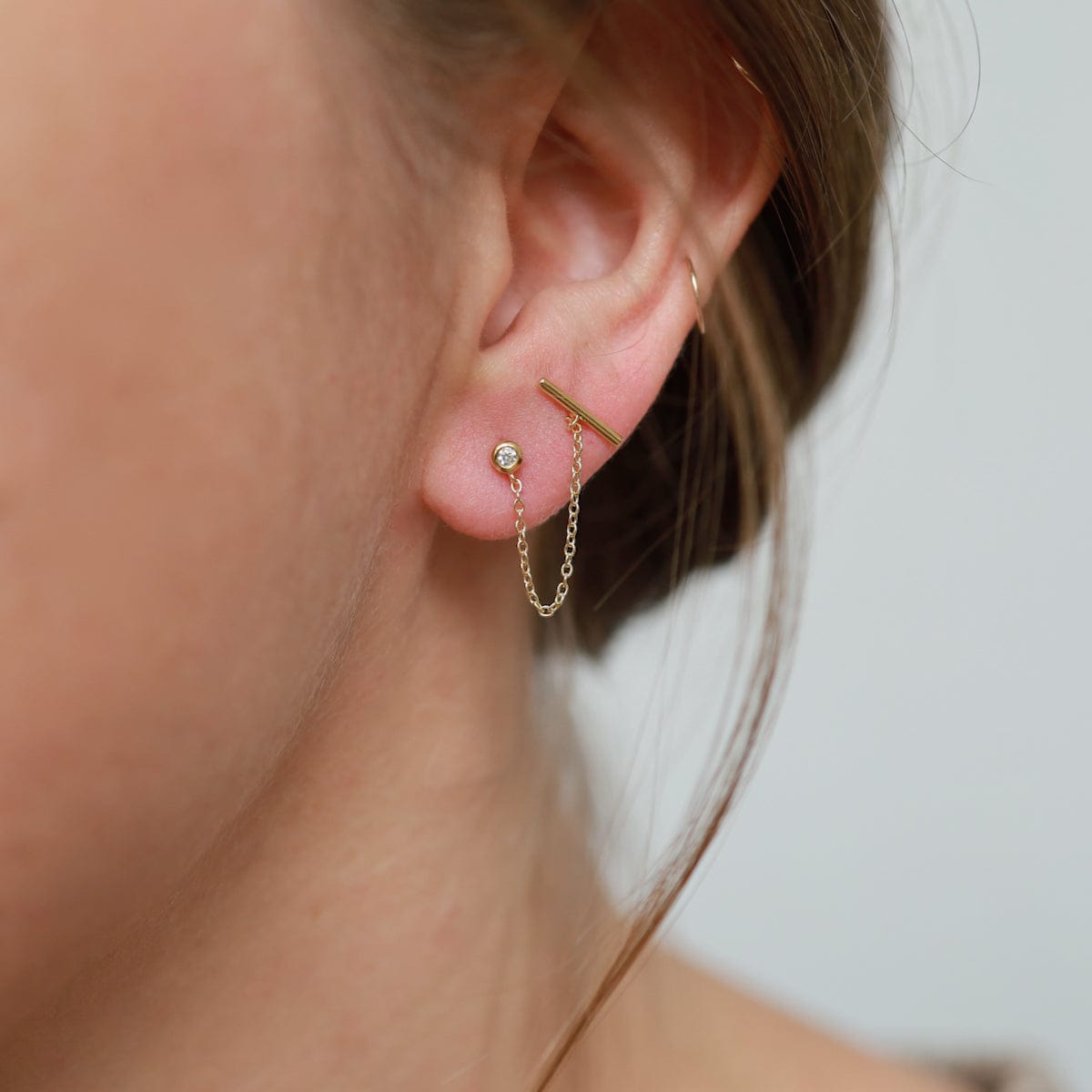 EAR-VRM CZ & Bar with Chain Double Pierced Studs - Gold Vermeil