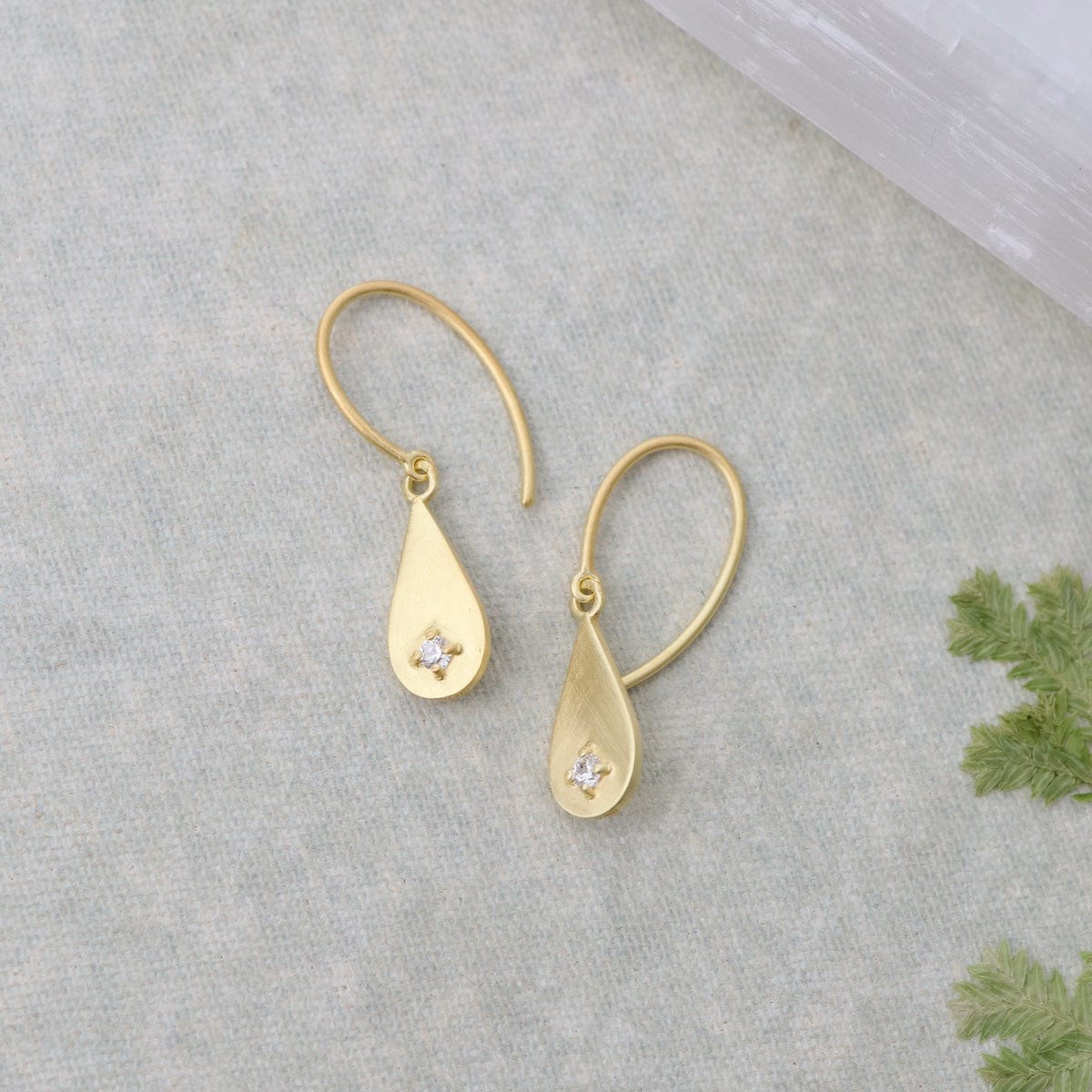 EAR-VRM Dewdrop with CZ on Oval Hook Earrings- Brushed Gold Vermeil