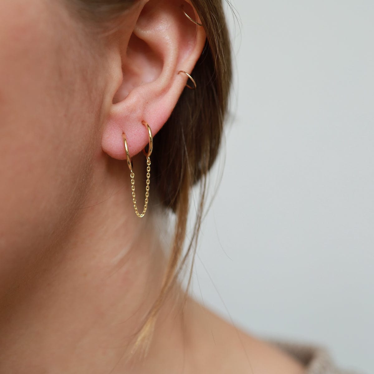 EAR-VRM Double Pierce Hoops with Chain - Gold Vermeil