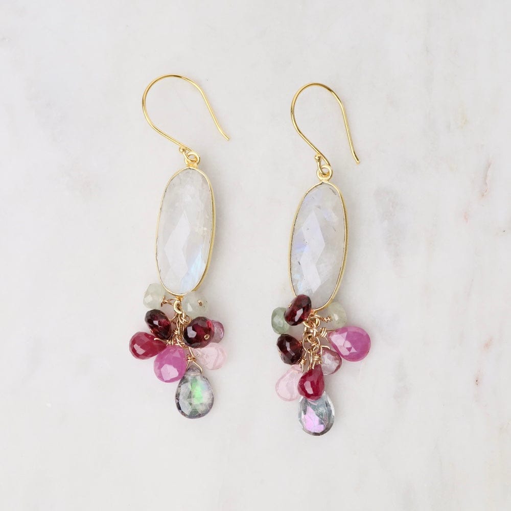 EAR-VRM Gold Bezal Oval Moonstone Earrings with Pink Sapph