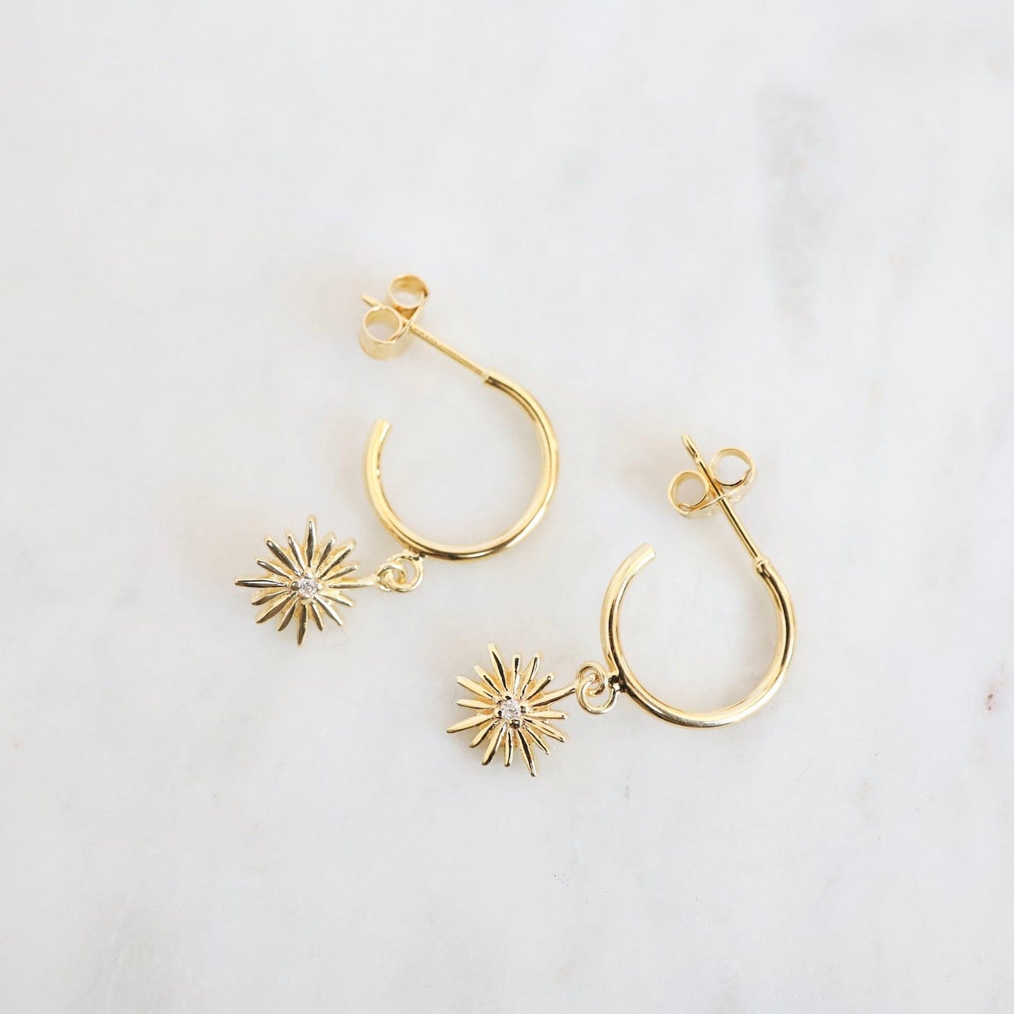 EAR-VRM Hoops with Hanging Sunburst in Gold Vermeil