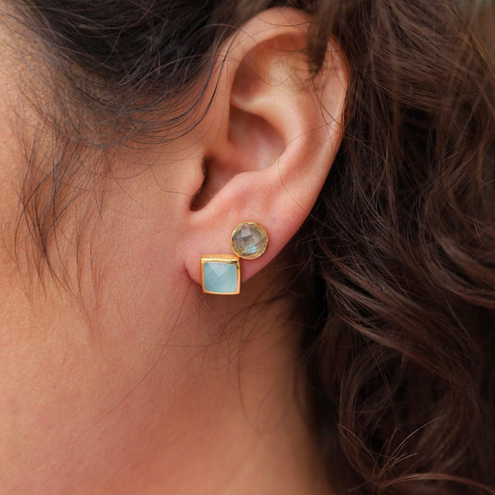 EAR-VRM Madeline Stud Earrings - Vermeil Square - Aqua Blue Chalcedony
