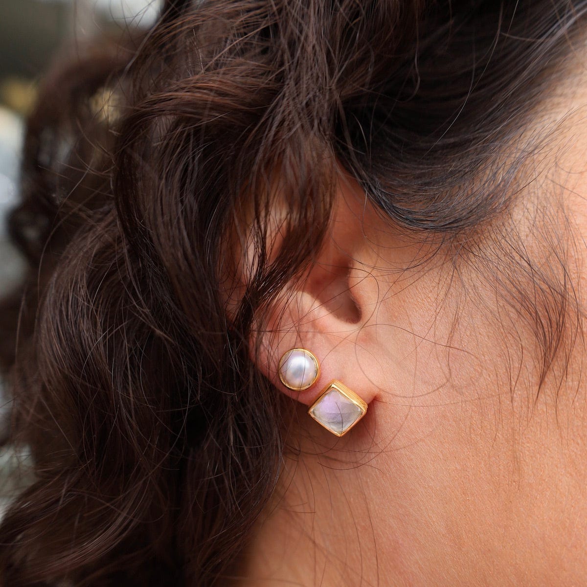 EAR-VRM Madeline Stud Earrings - Vermeil Square - Clear Quartz