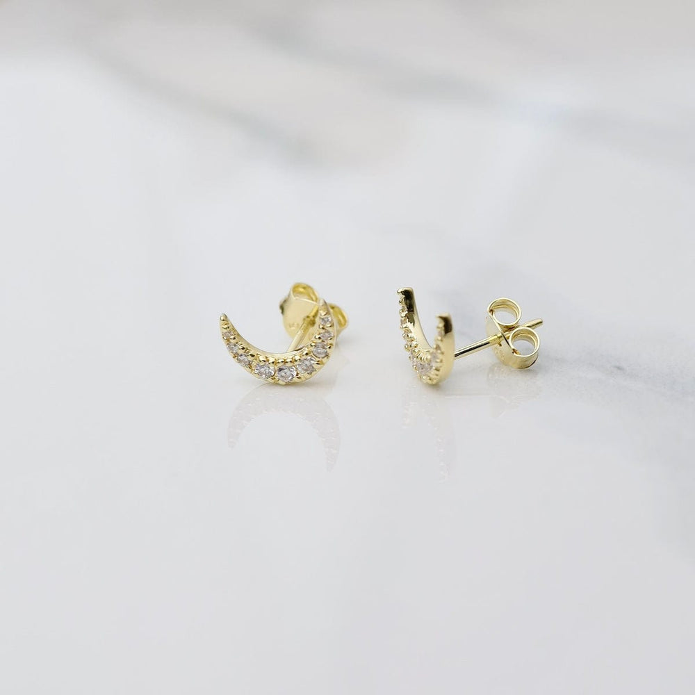 EAR-VRM Pave Crescent Moon Stud Earrings - Gold Vermeil