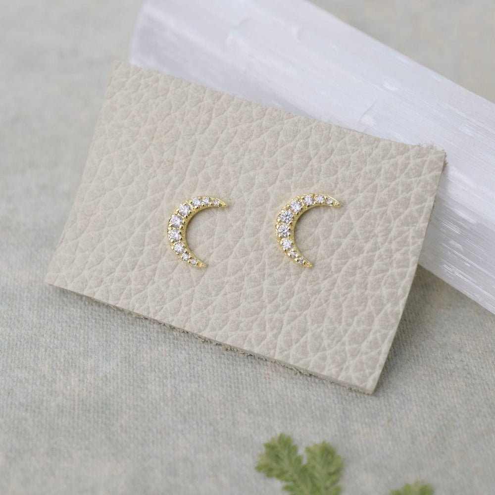 EAR-VRM Pave Crescent Moon Stud Earrings - Gold Vermeil