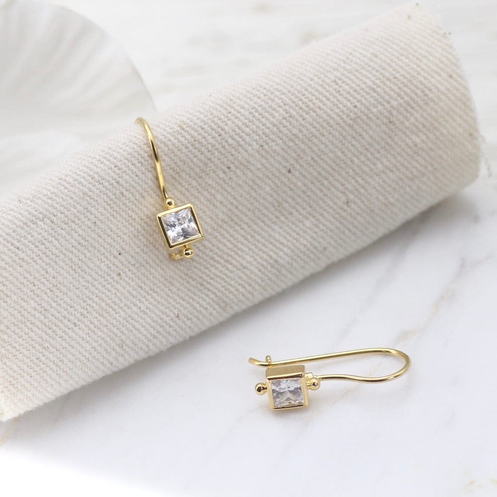 EAR-VRM Square Bezel Set CZ Earring with Locking Hook - Gold Vermeil