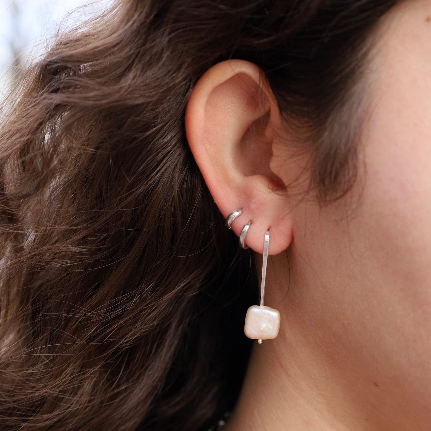 EAR White Sqaure Pearl Stick Earrings