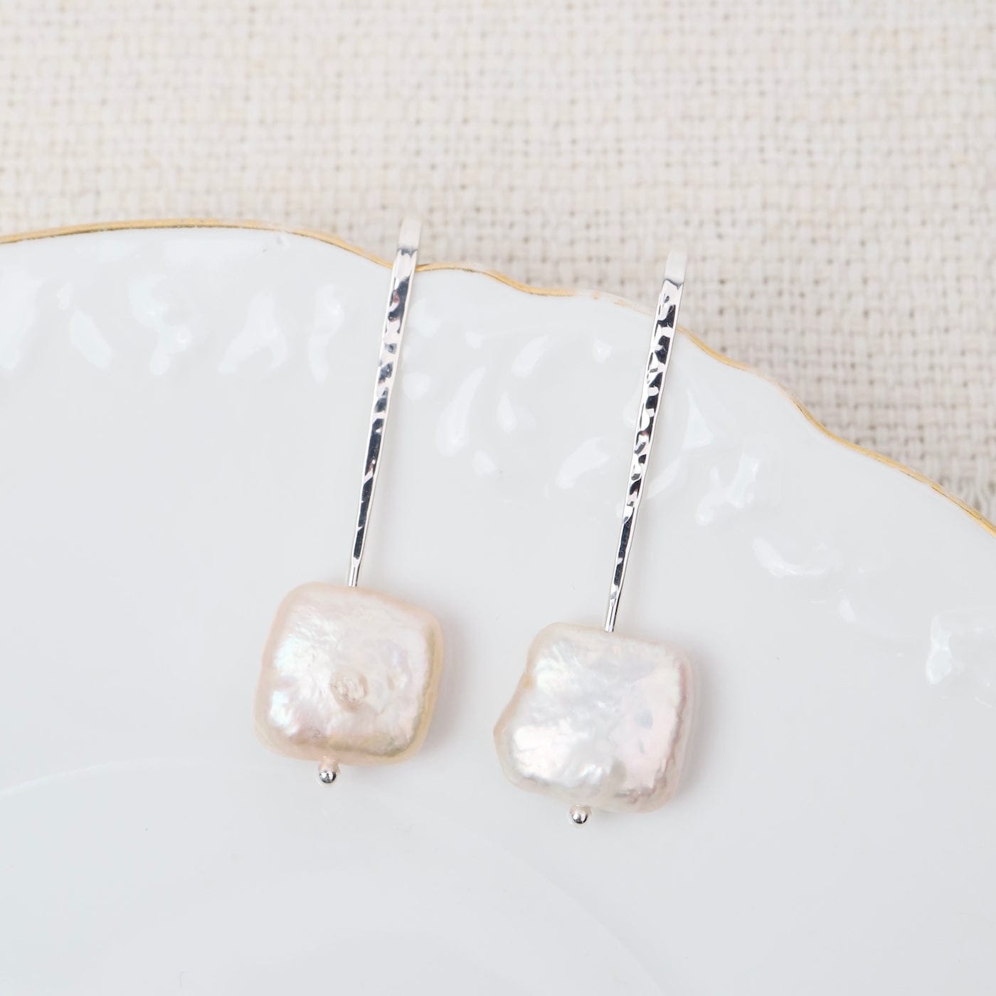 EAR White Sqaure Pearl Stick Earrings