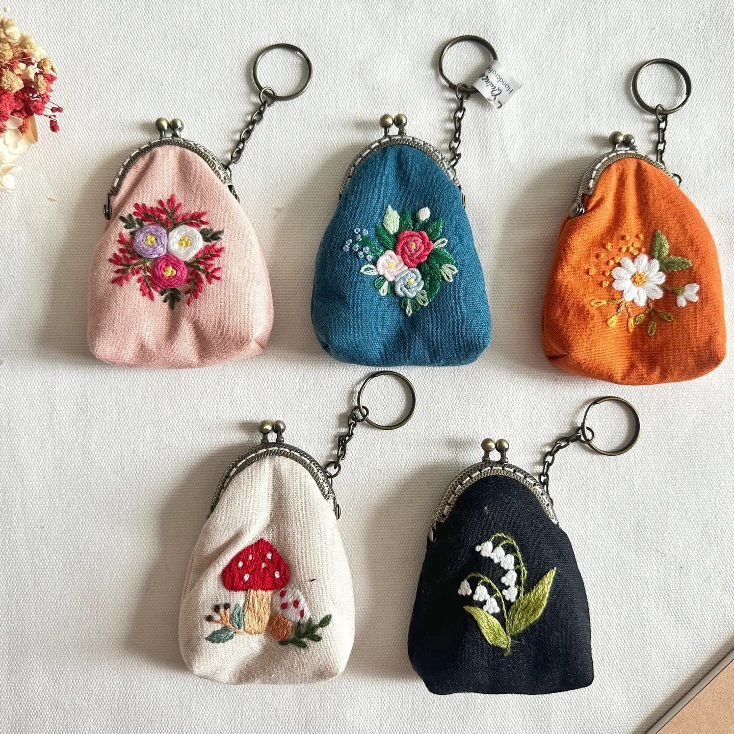 GIFT Beige Embroidered Keychain Pouch - Mushroom Garden