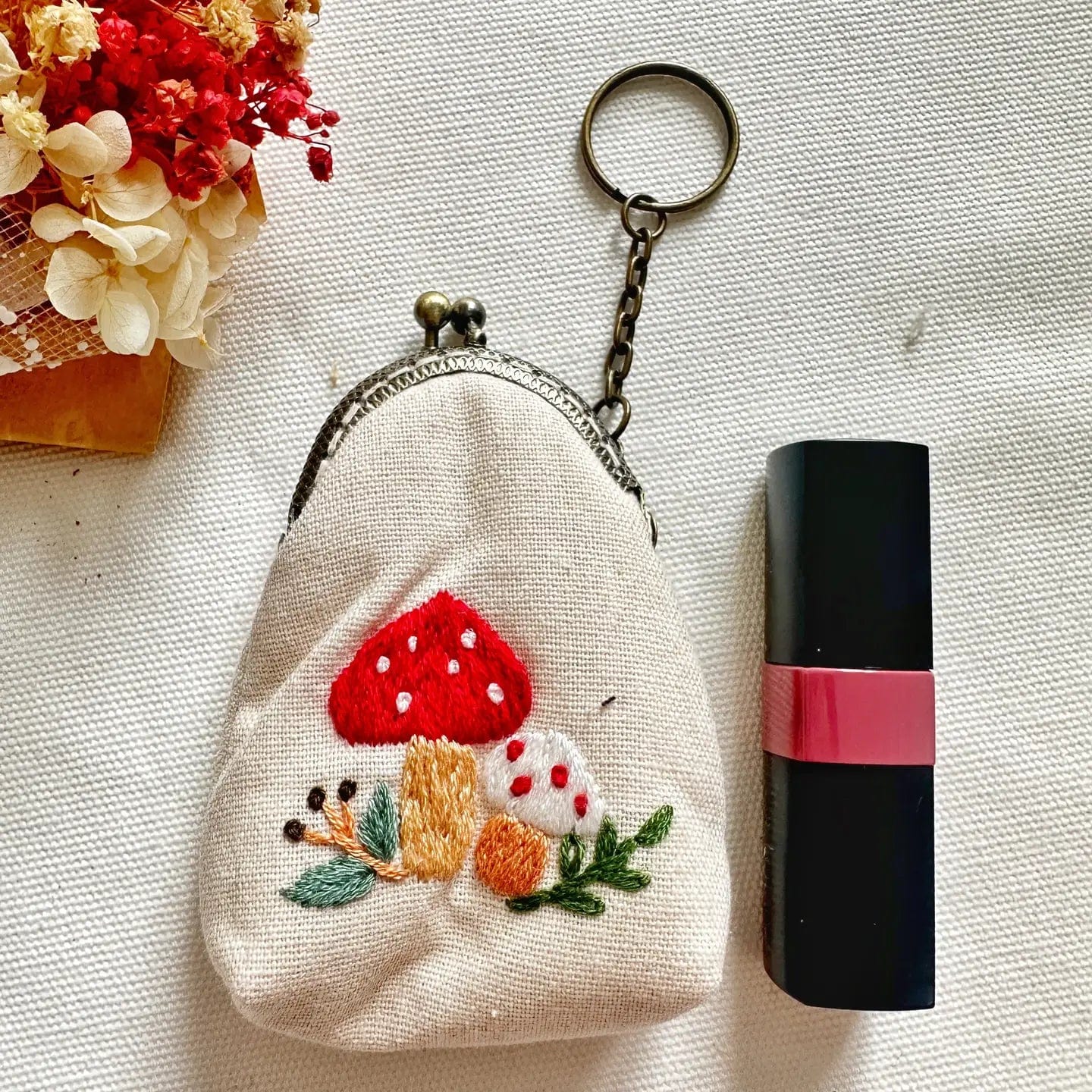 GIFT Beige Embroidered Keychain Pouch - Mushroom Garden