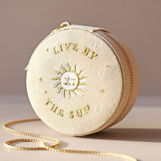 GIFT Beige Sun and Moon Embroidered Round Jewelry Box