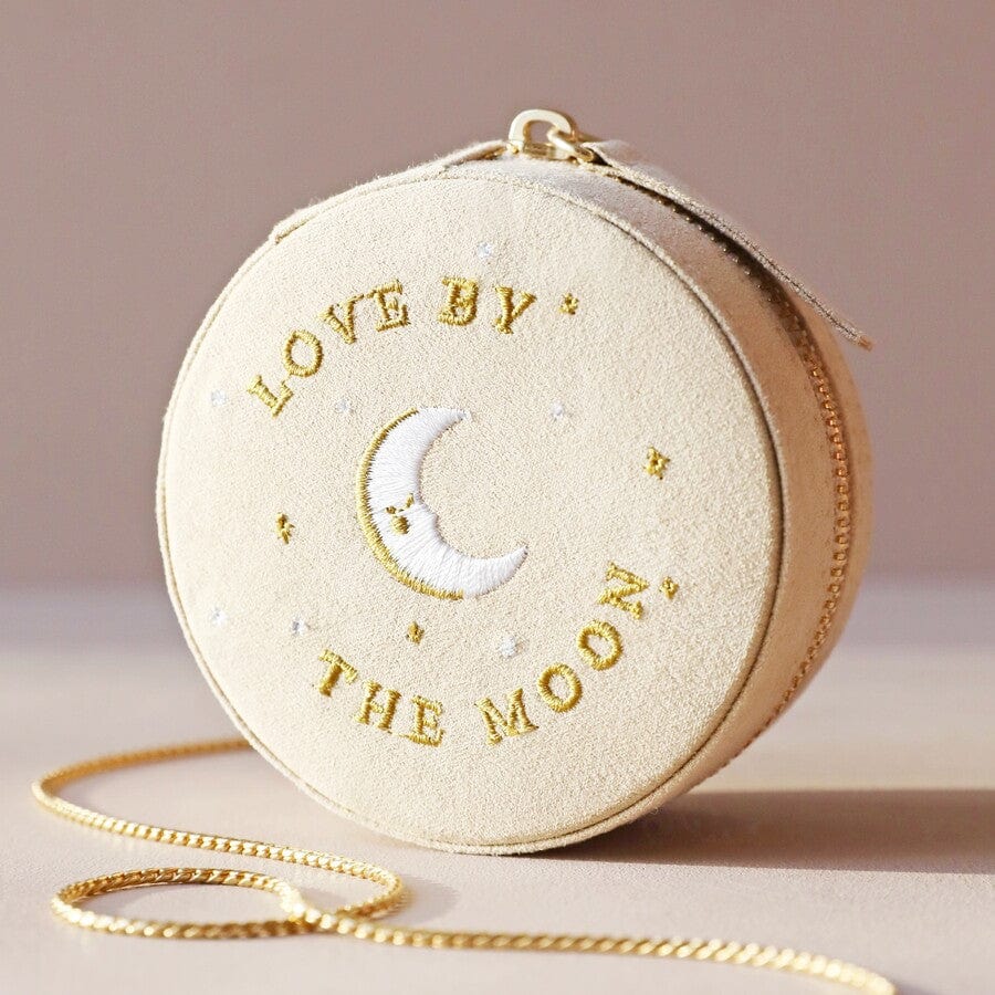 GIFT Beige Sun and Moon Embroidered Round Jewelry Box