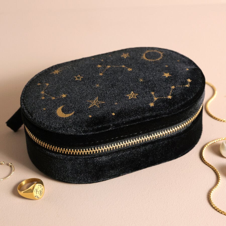 GIFT Black Starry Night Printed Velvet Oval Jewelry Case