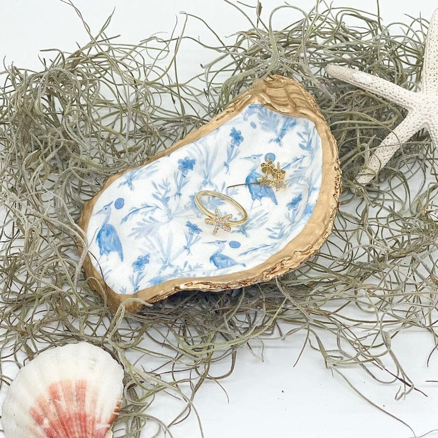 GIFT Chinoiserie Blue Heron Oyster Trinket Dish