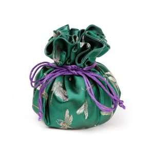 GIFT Dark Green Butterfly & Dragonfly Pattern Brocade Jewelry Pouch