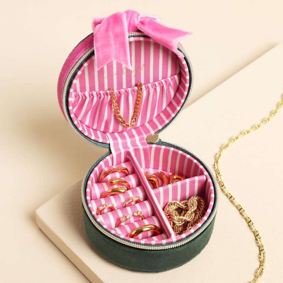GIFT Green and Pink Velvet Bow Mini Round Jewelry Case