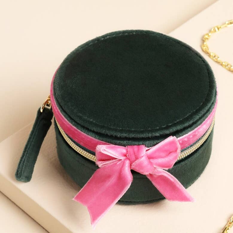 GIFT Green and Pink Velvet Bow Mini Round Jewelry Case